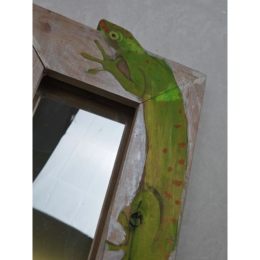 Vtg Hand Carved Painted Wood Mirror Lizard‎ Signed Gecko Chamelon Artisan 1987